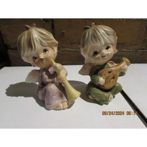 VINTAGE HOMCO FAIRY PIXIES PLAYING INSTRUMENTS SET OF 2 ANGELS